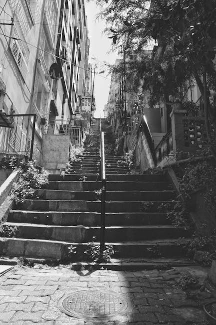 A black and white photograph of a steep outdoor staircase in an urban residential area, with concrete steps accompanied by a metal handrail running up the middle. The stairs are flanked by multi-storey Victorian-style homes with brick and stone facades, some with outdoor stairs, balconies, and decorative railings. To the left, a building features a narrow balcony with metal railings, while on the right, a small entrance area with a lattice fence and potted plants. Leafy trees cast dappled shadows over the scene, and the top of the stairs reveals a glimpse of a narrow street or alley with additional buildings and foliage in the background. The scene captures a typical residential street environment, illustrating the challenges of home relocation and furniture transport in historic urban settings, with [COMPANY_NAME] providing expert removal services for properties with narrow stairs and Victorian architecture.